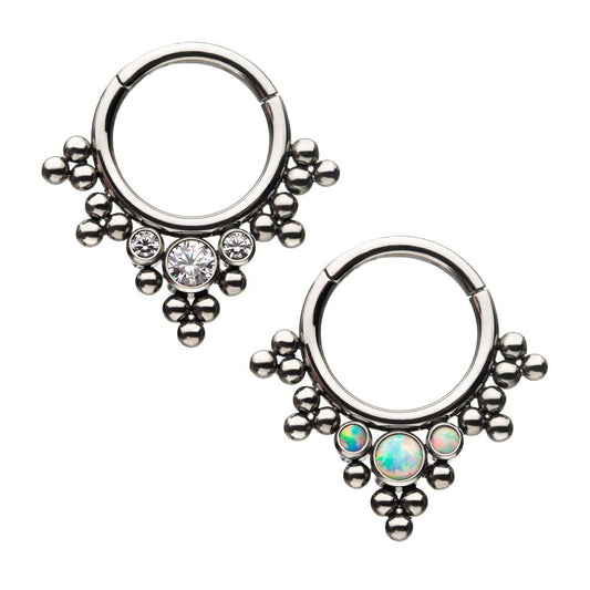 Titanium with 3 Cluster Bezel Set CZ/Opal & Trio Beads V-Shape Front Facing Hinged Segment Clicker