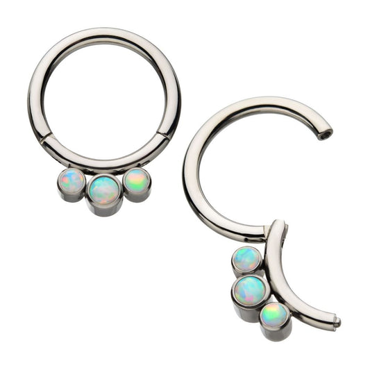 Titanium Petite 3 Bezel Set White Opal Stones Set On  Hinged Segment Clicker