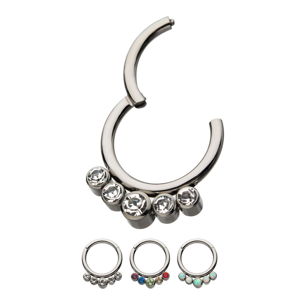 Titanium with 5 Cluster Petite Bezel Set Swarovski Crystal/Opal Front Facing Hinged Segment Clicker