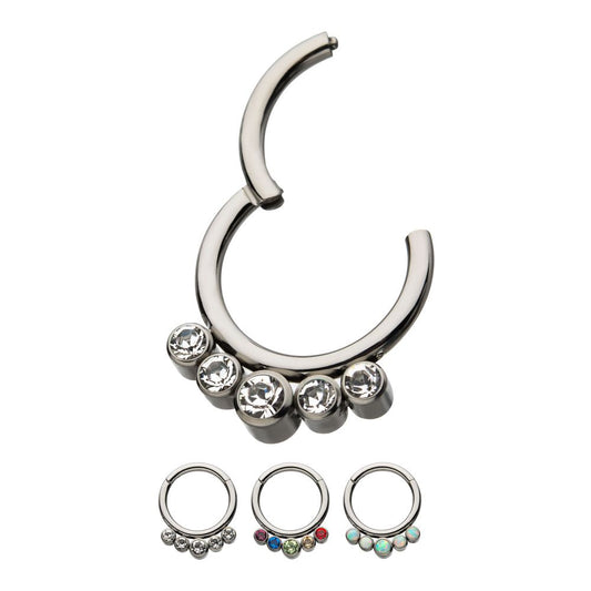 Titanium with 5 Cluster Petite Bezel Set Swarovski Crystal/Opal Front Facing Hinged Segment Clicker