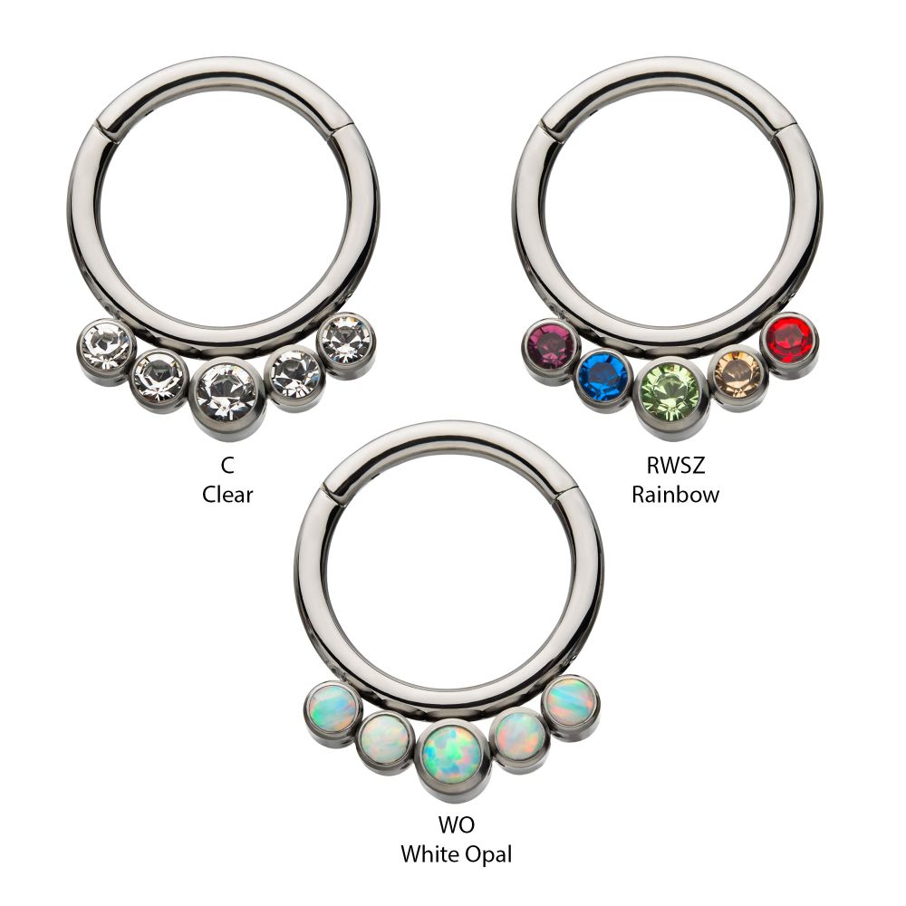 Titanium with 5 Cluster Petite Bezel Set Swarovski Crystal/Opal Front Facing Hinged Segment Clicker