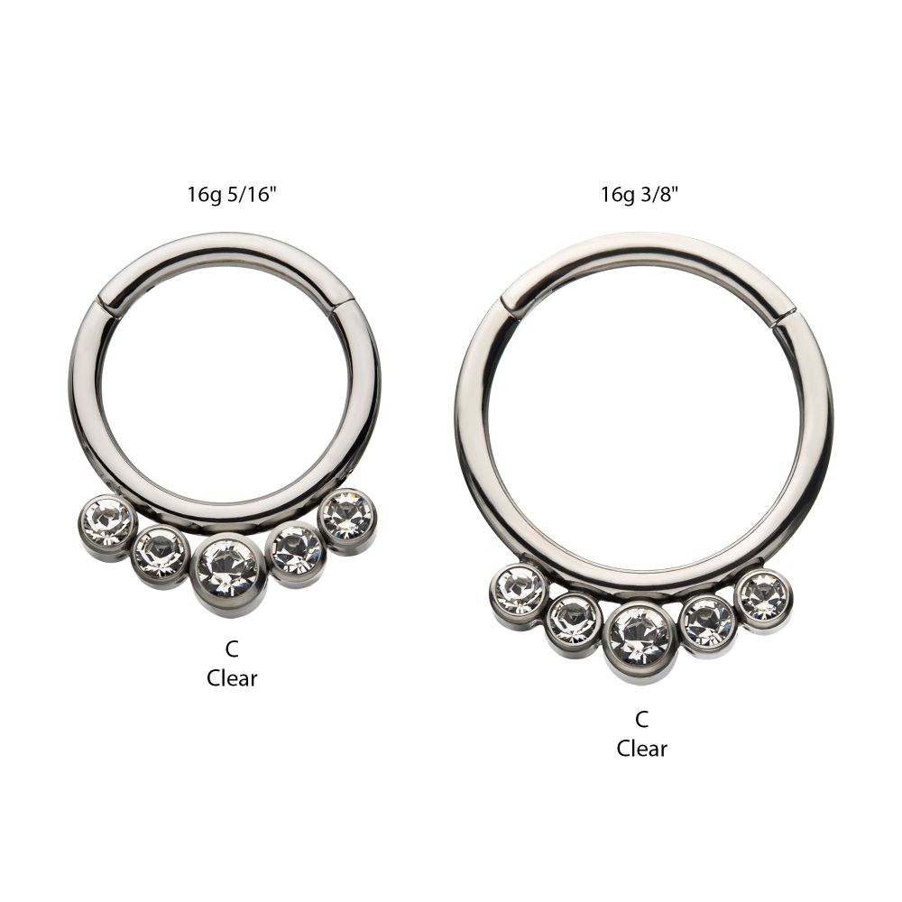 Titanium with 5 Cluster Petite Bezel Set Swarovski Crystal/Opal Front Facing Hinged Segment Clicker