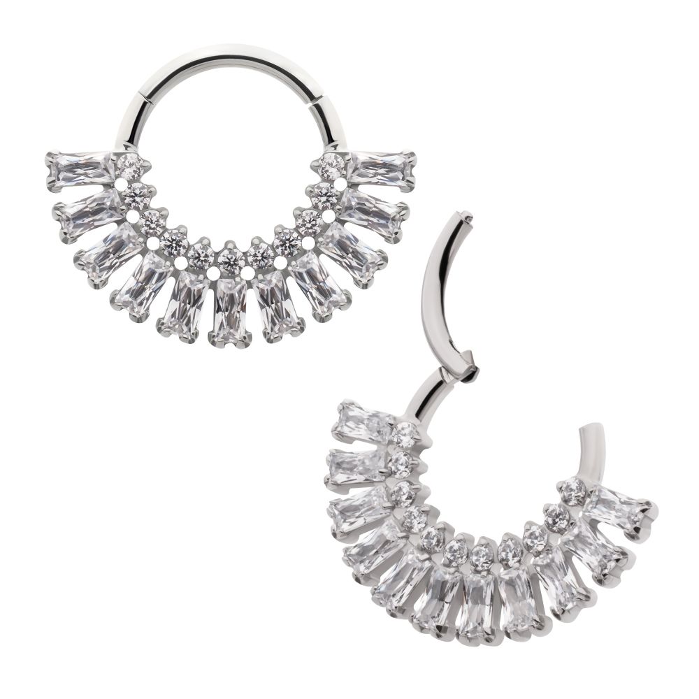 Titanium Prong Set Baguette & Round Gem Cluster Fan Front Facing Hinged Segment Clickers