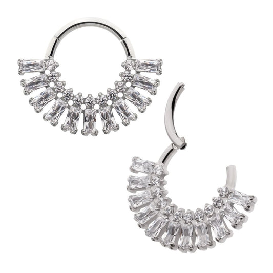 Titanium Prong Set Baguette & Round Gem Cluster Fan Front Facing Hinged Segment Clickers
