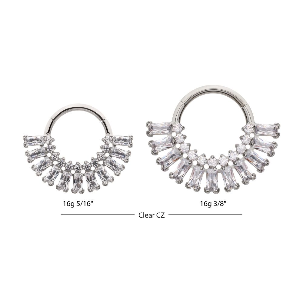 Titanium Prong Set Baguette & Round Gem Cluster Fan Front Facing Hinged Segment Clickers