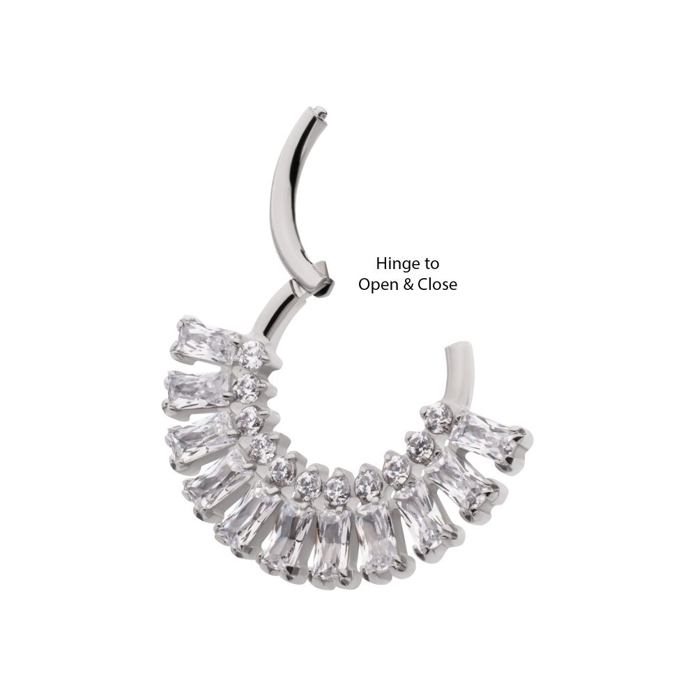 Titanium Prong Set Baguette & Round Gem Cluster Fan Front Facing Hinged Segment Clickers