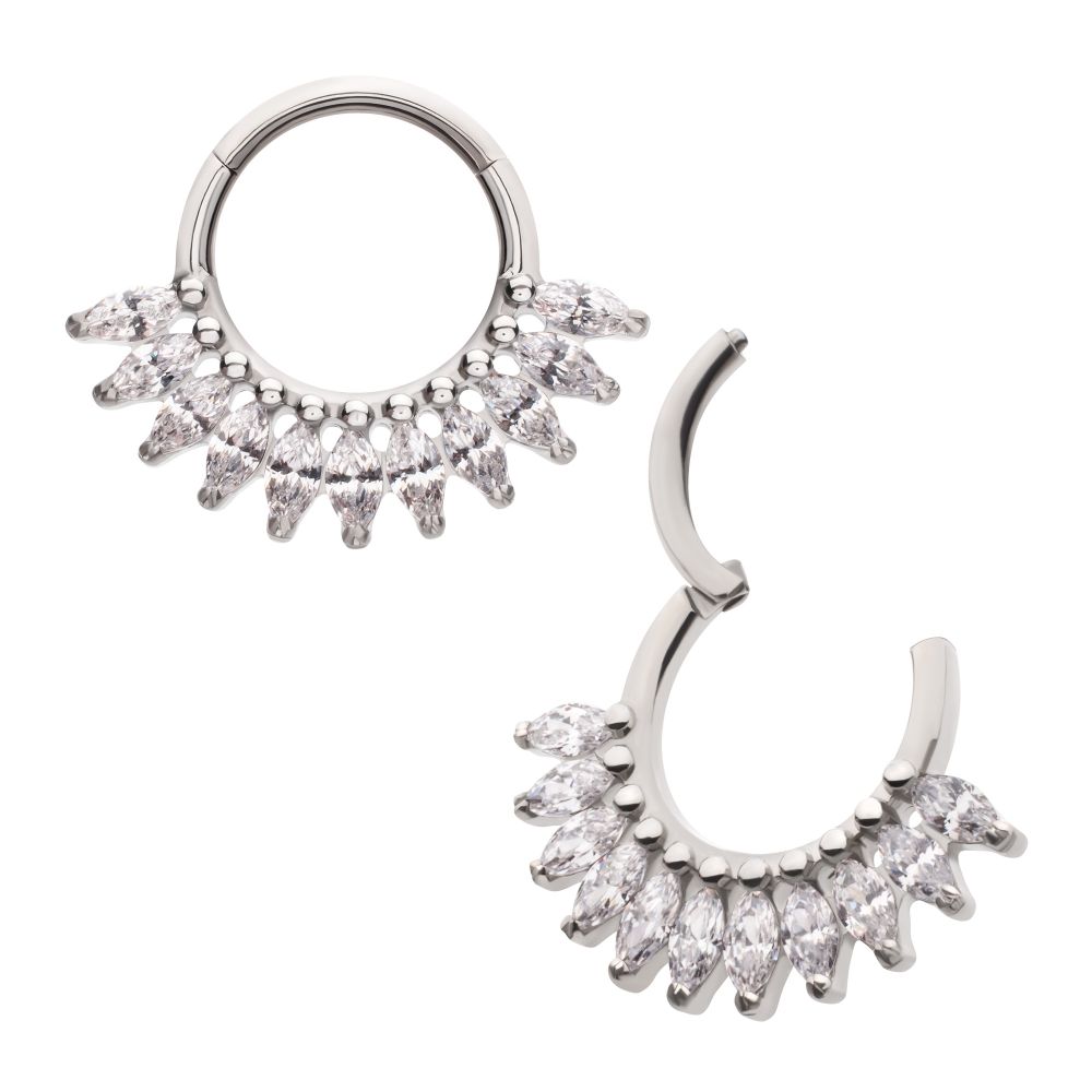 Titanium Prong Set Marquise Gem Cluster Fan Front Facing Hinged Segment Clicker