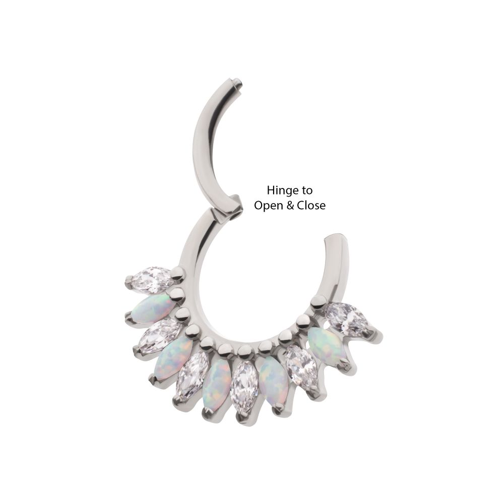 Titanium Prong Set Marquise Gem & Opal Cluster Fan Front Facing Hinged Segment Clicker