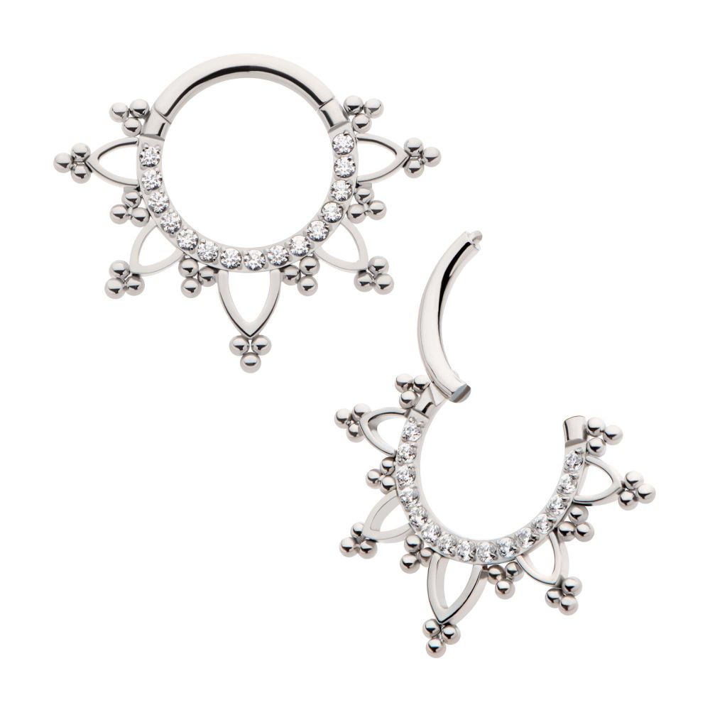 Titanium Pave Set Round CZ with Tri Beads Front Facing Hinged Segment Clicker