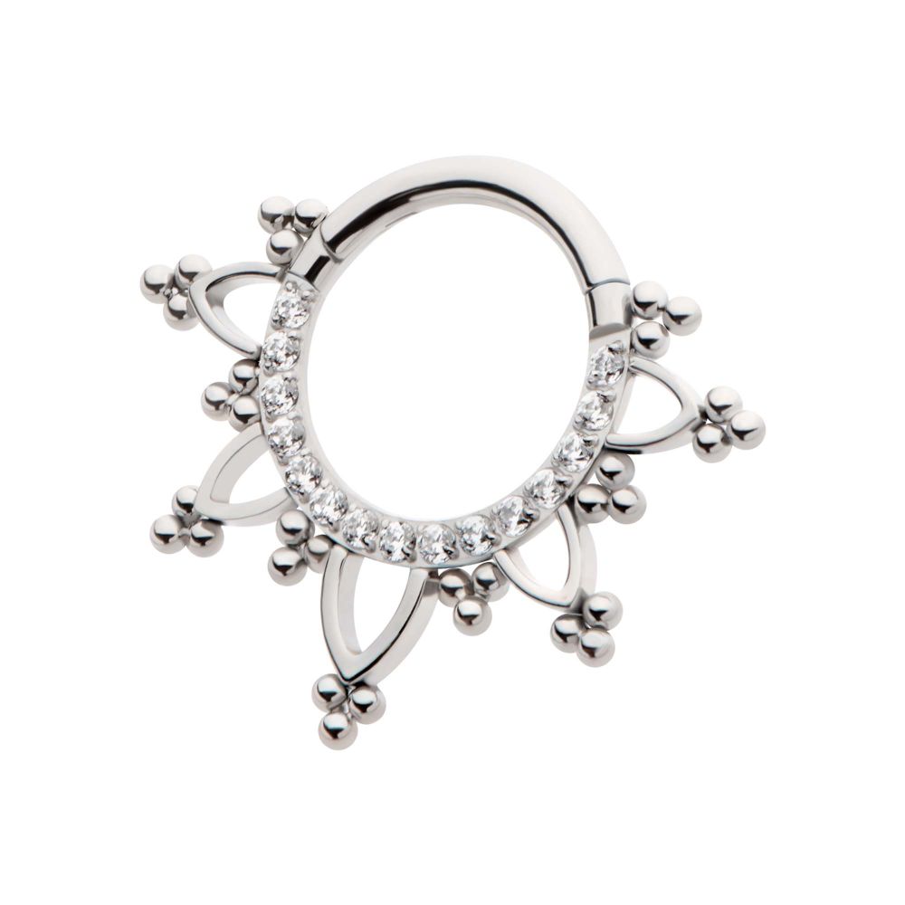Titanium Pave Set Round CZ with Tri Beads Front Facing Hinged Segment Clicker