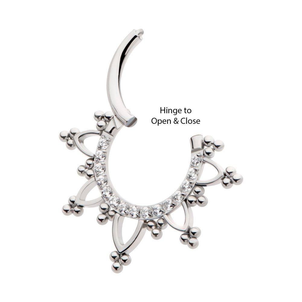 Titanium Pave Set Round CZ with Tri Beads Front Facing Hinged Segment Clicker