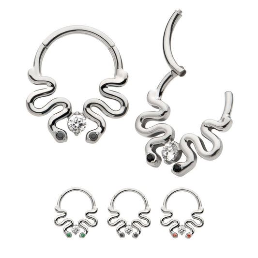 Titanium Pronged Round CZ Duo Snake Front Facing Hinged Segment Clicker