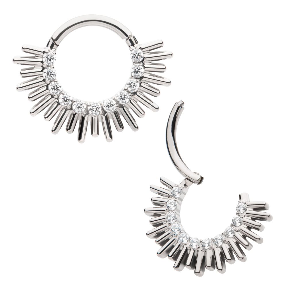 Titanium Pronged Round CZ Sun Rays Cluster Front Facing Hinged Segment Clicker