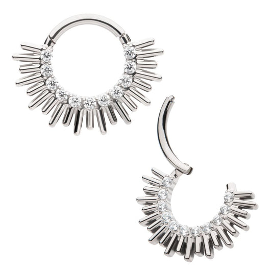 Titanium Pronged Round CZ Sun Rays Cluster Front Facing Hinged Segment Clicker