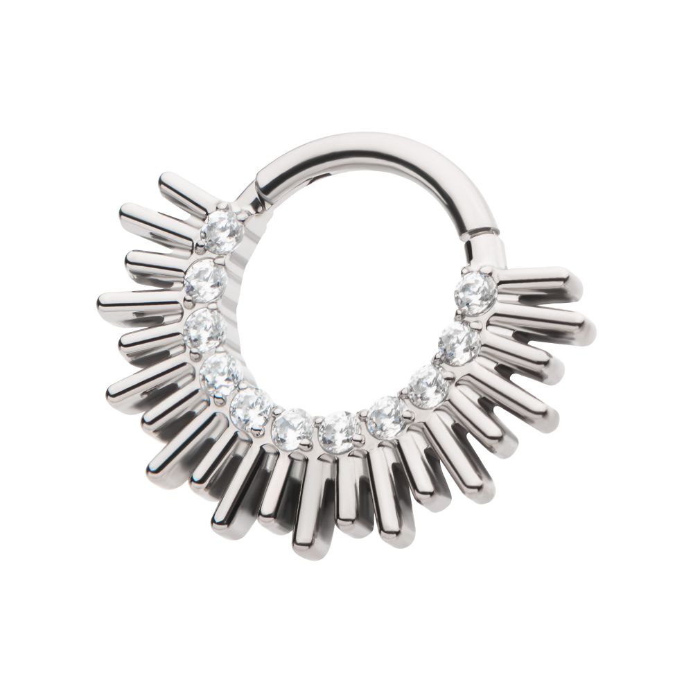Titanium Pronged Round CZ Sun Rays Cluster Front Facing Hinged Segment Clicker