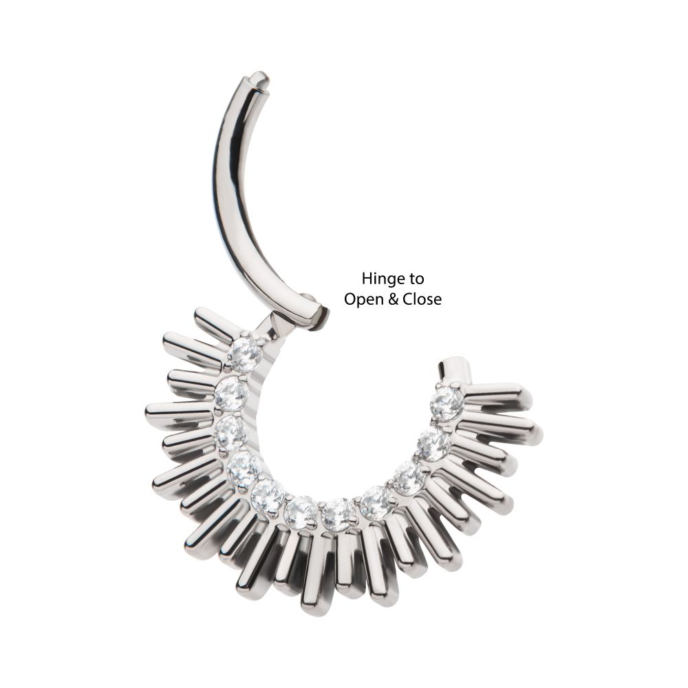 Titanium Pronged Round CZ Sun Rays Cluster Front Facing Hinged Segment Clicker