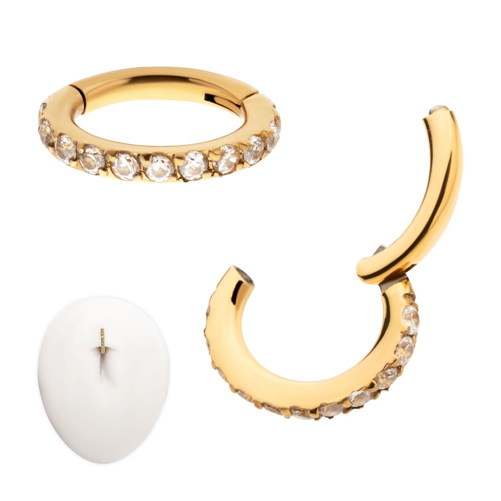 14g 24Kt Gold PVD Titanium Oval Shape with CNC Set Full Clear CZ Hinged Segment Clicker (for Navel Piercing)