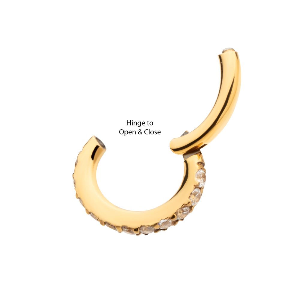 14g 24Kt Gold PVD Titanium Oval Shape with CNC Set Full Clear CZ Hinged Segment Clicker (for Navel Piercing)