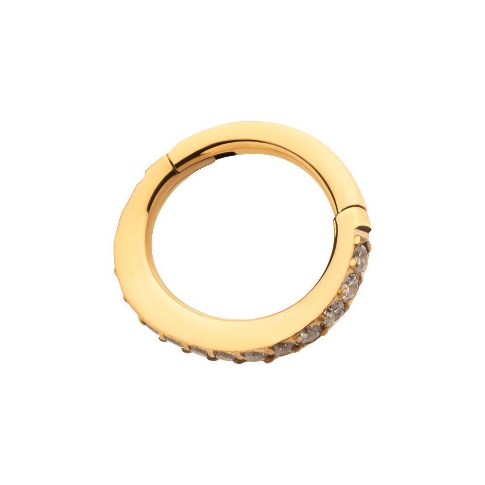 16g 24Kt Gold PVD Titanium Oval Shape with CNC Set Full Clear CZ Hinged Segment Clicker (for Rook Piercing)
