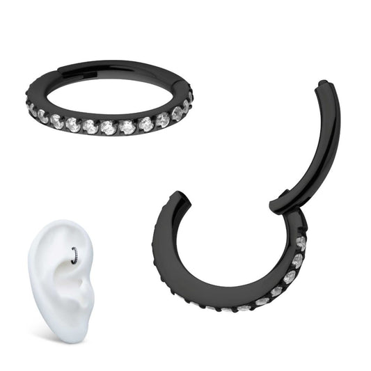 Black PVD Titanium Oval Shape with CNC Set Full Clear CZ Hinged Segment Clicker