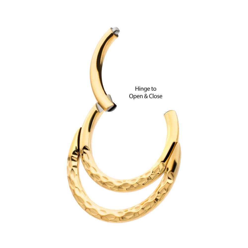 24Kt Gold PVD Titanium Hammered Double Hoop Front Facing Hinged Segment Clicker