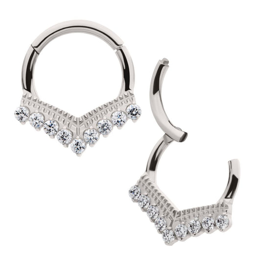 Titanium 9 Cluster Prong Set Round CZ Chevron Front Facing Hinged Segment Clicker