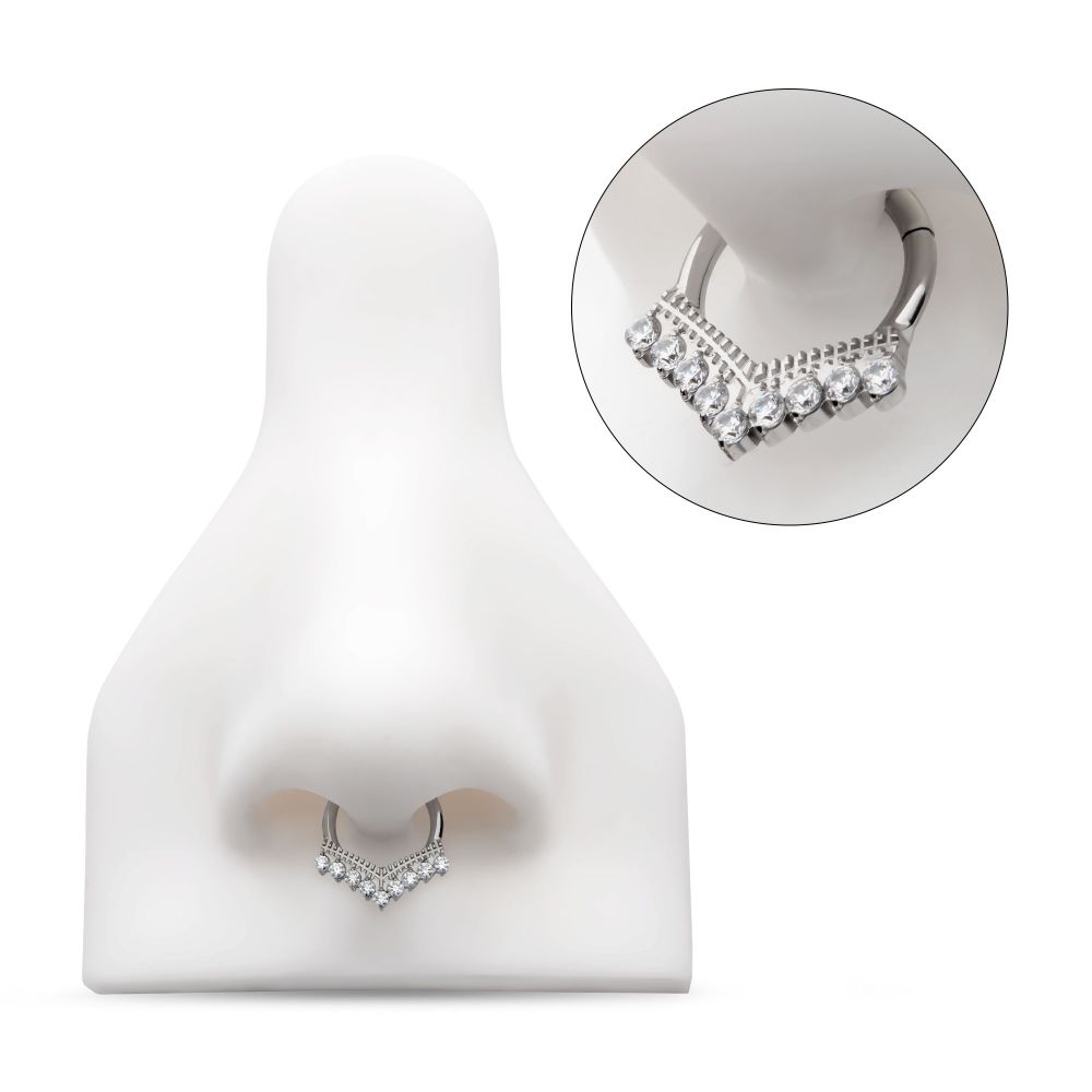 Titanium 9 Cluster Prong Set Round CZ Chevron Front Facing Hinged Segment Clicker