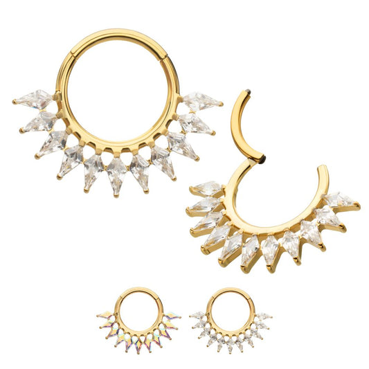 24Kt Gold PVD Titanium Kite Shape Gem Cluster Fan Front Facing Hinged Segment Clicker