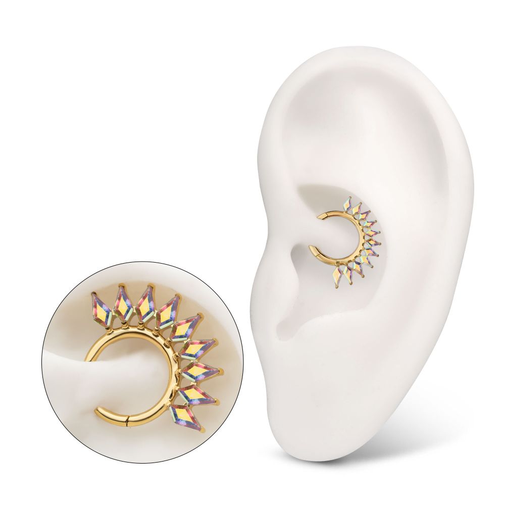 24Kt Gold PVD Titanium Kite Shape Gem Cluster Fan Front Facing Hinged Segment Clicker