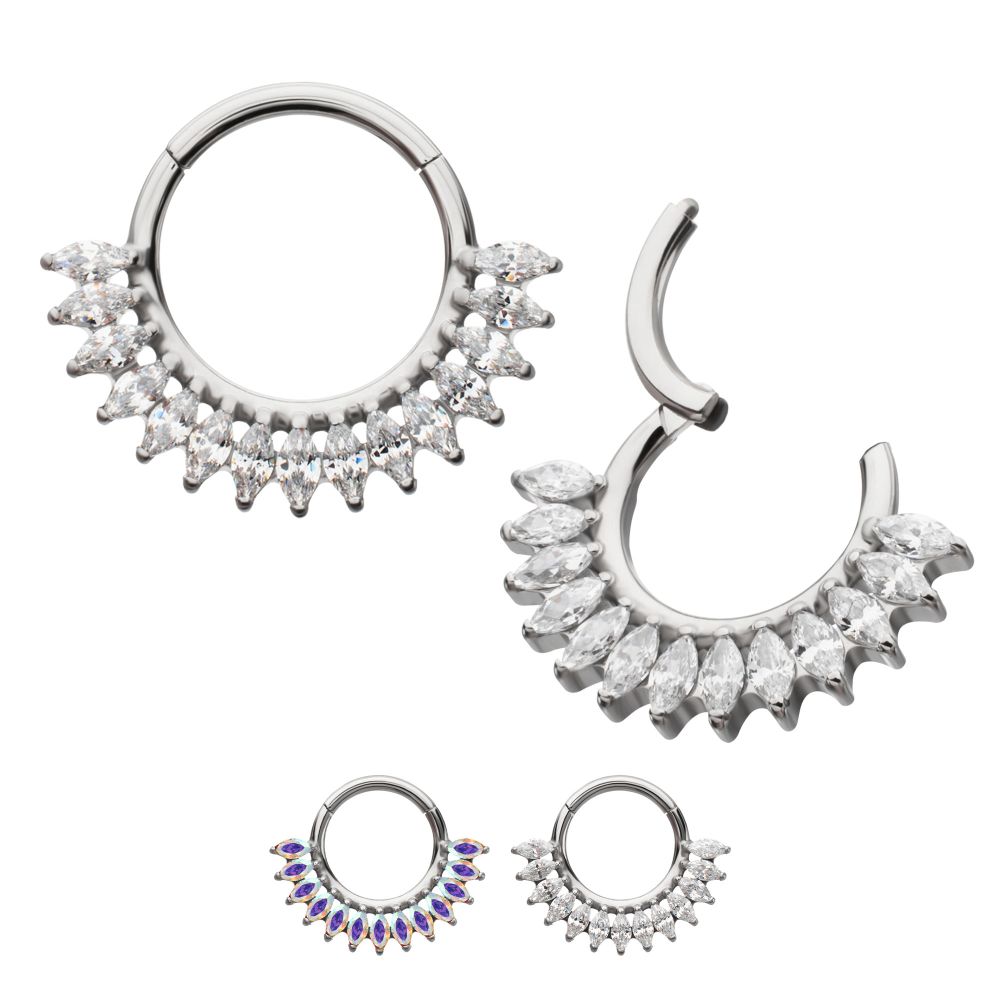 Titanium Prong Set Marquise Gem Cluster Fan Front Facing Hinged Segment Clicker
