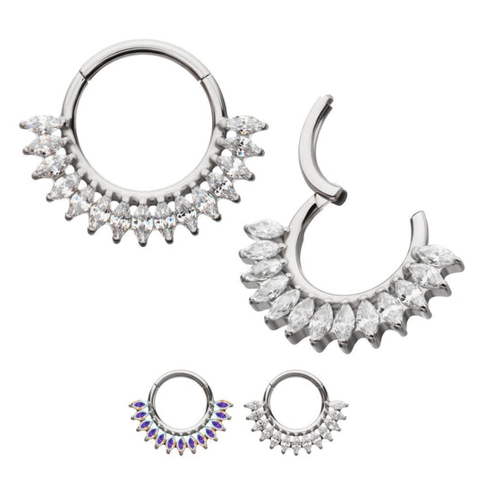 Titanium Prong Set Marquise Gem Cluster Fan Front Facing Hinged Segment Clicker