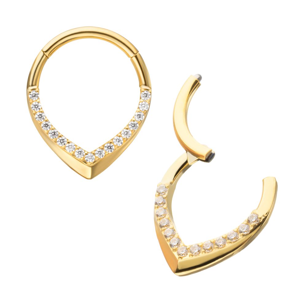 24Kt Gold PVD Titanium Pave Gem V-Shape Front Facing Hinged Segment Clicker