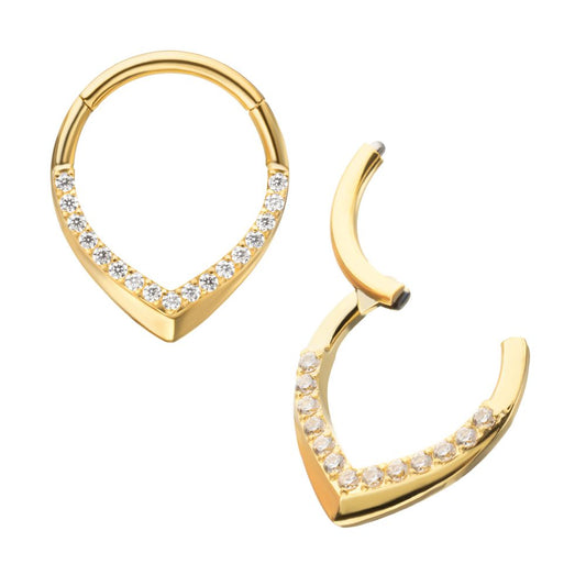 24Kt Gold PVD Titanium Pave Gem V-Shape Front Facing Hinged Segment Clicker