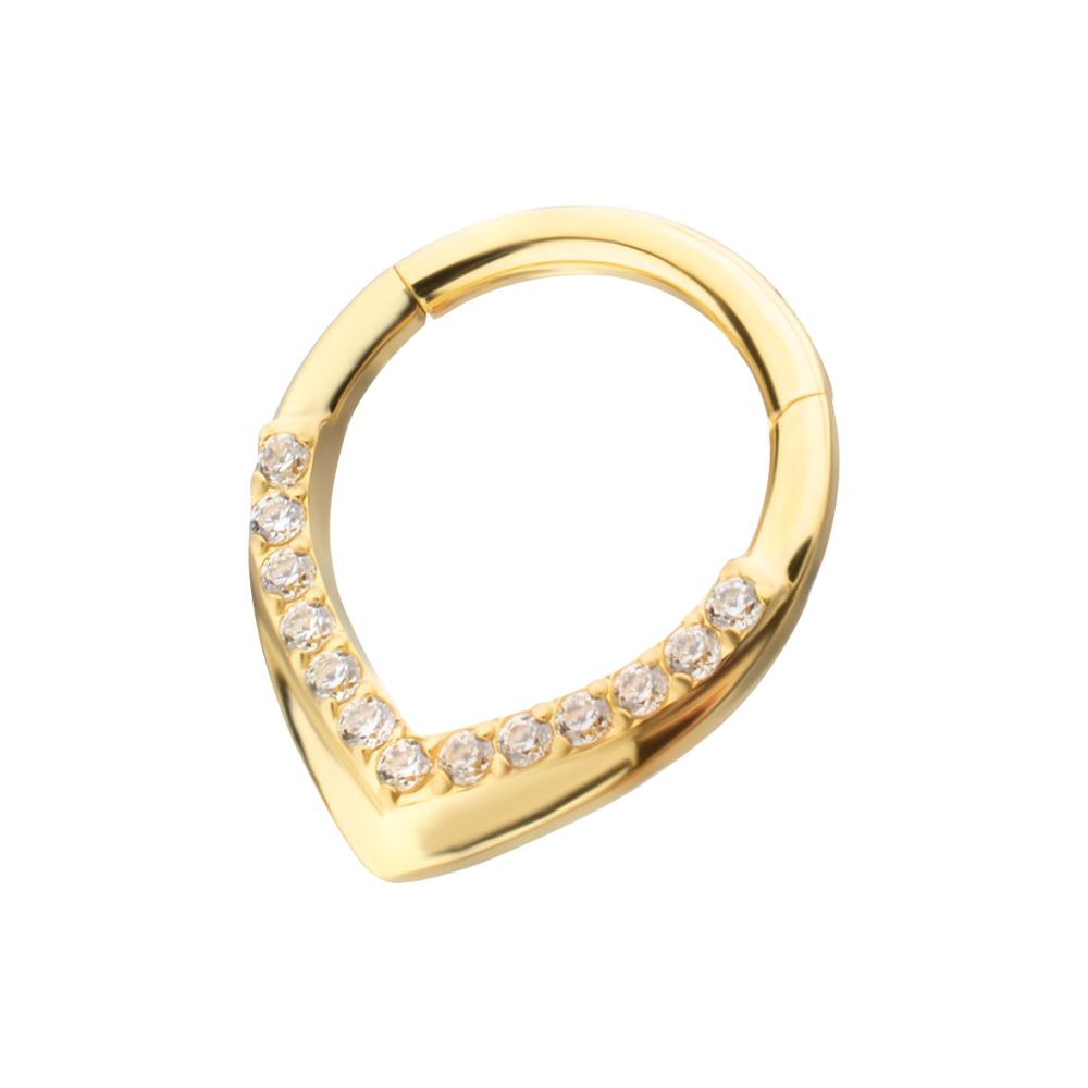 24Kt Gold PVD Titanium Pave Gem V-Shape Front Facing Hinged Segment Clicker
