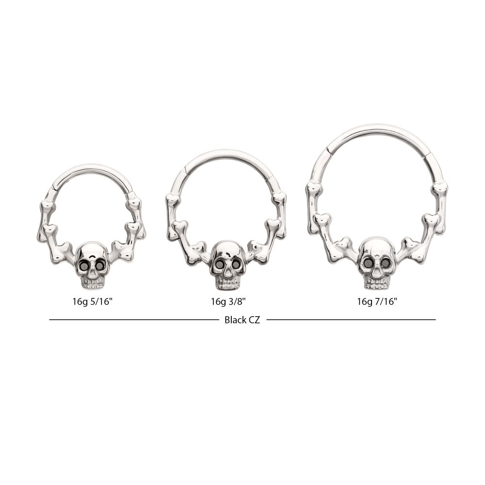 Titanium Skull & Bone with Black CZ Gem Eyes Front Facing Hinged Segment Clicker