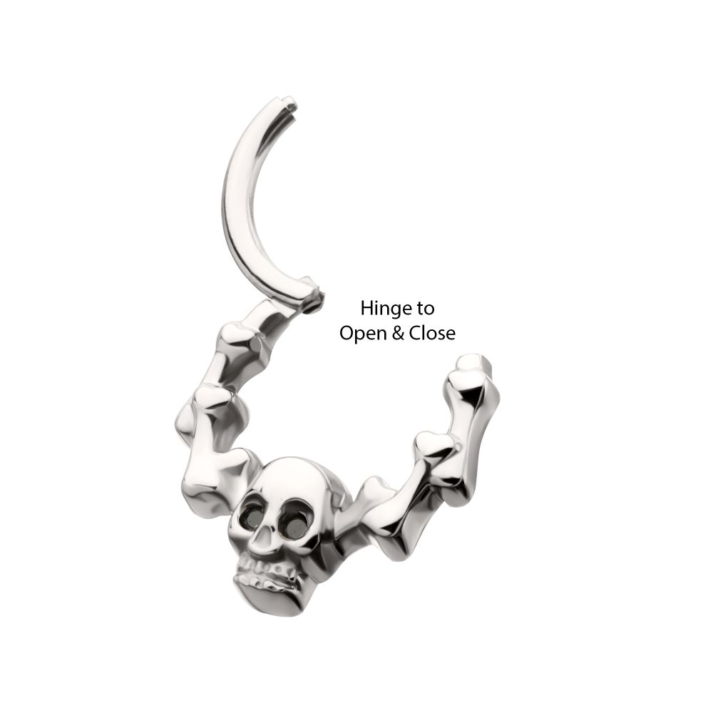 Titanium Skull & Bone with Black CZ Gem Eyes Front Facing Hinged Segment Clicker