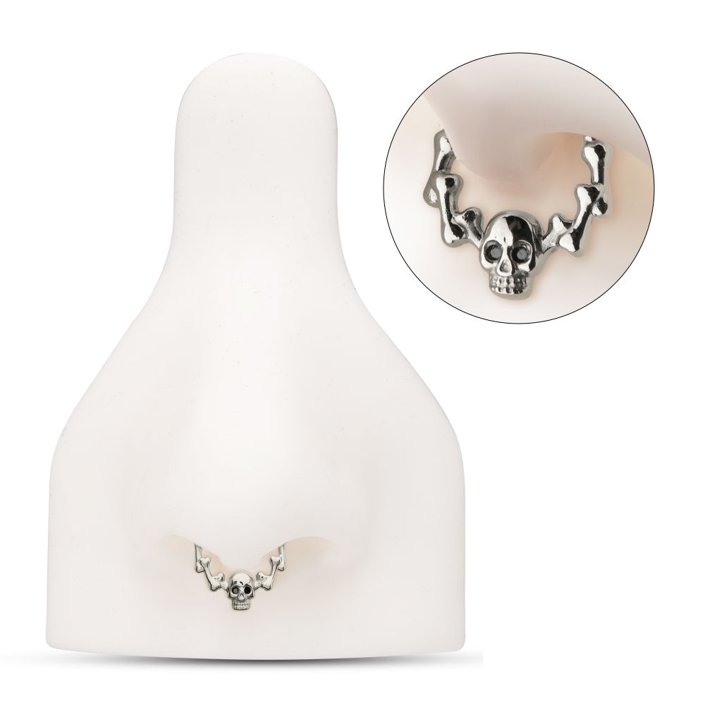 Titanium Skull & Bone with Black CZ Gem Eyes Front Facing Hinged Segment Clicker