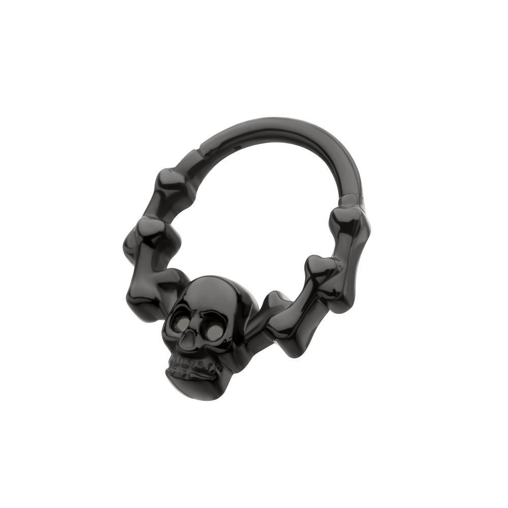 Black PVD Titanium Skull & Bone with Black CZ Gem Eyes Front Facing Hinged Segment Clicker