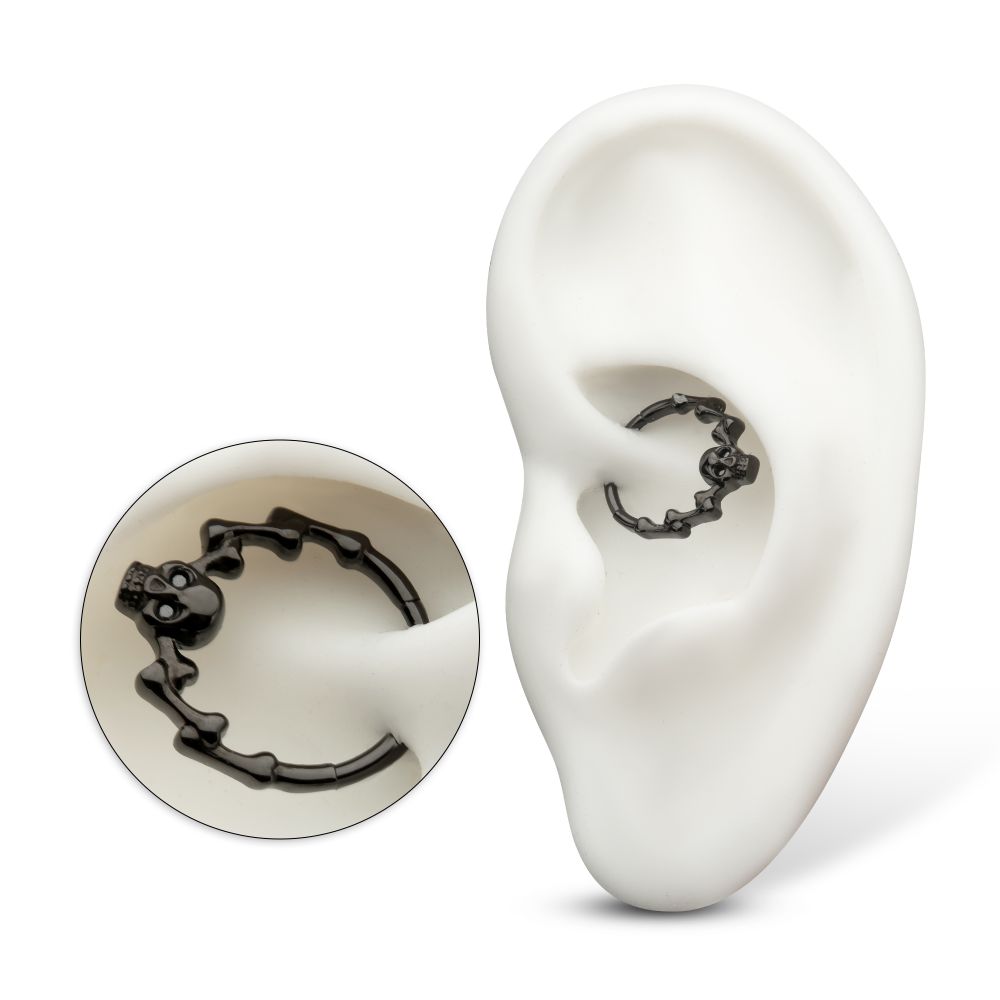 Black PVD Titanium Skull & Bone with Black CZ Gem Eyes Front Facing Hinged Segment Clicker