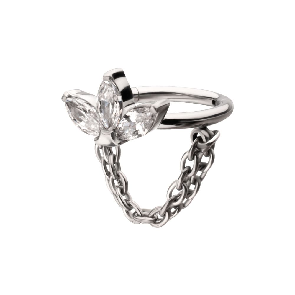 Titanium Triple Marquise Gem Cluster Hoop with 2-Tier Chain Dangle Hinged Segment Clicker