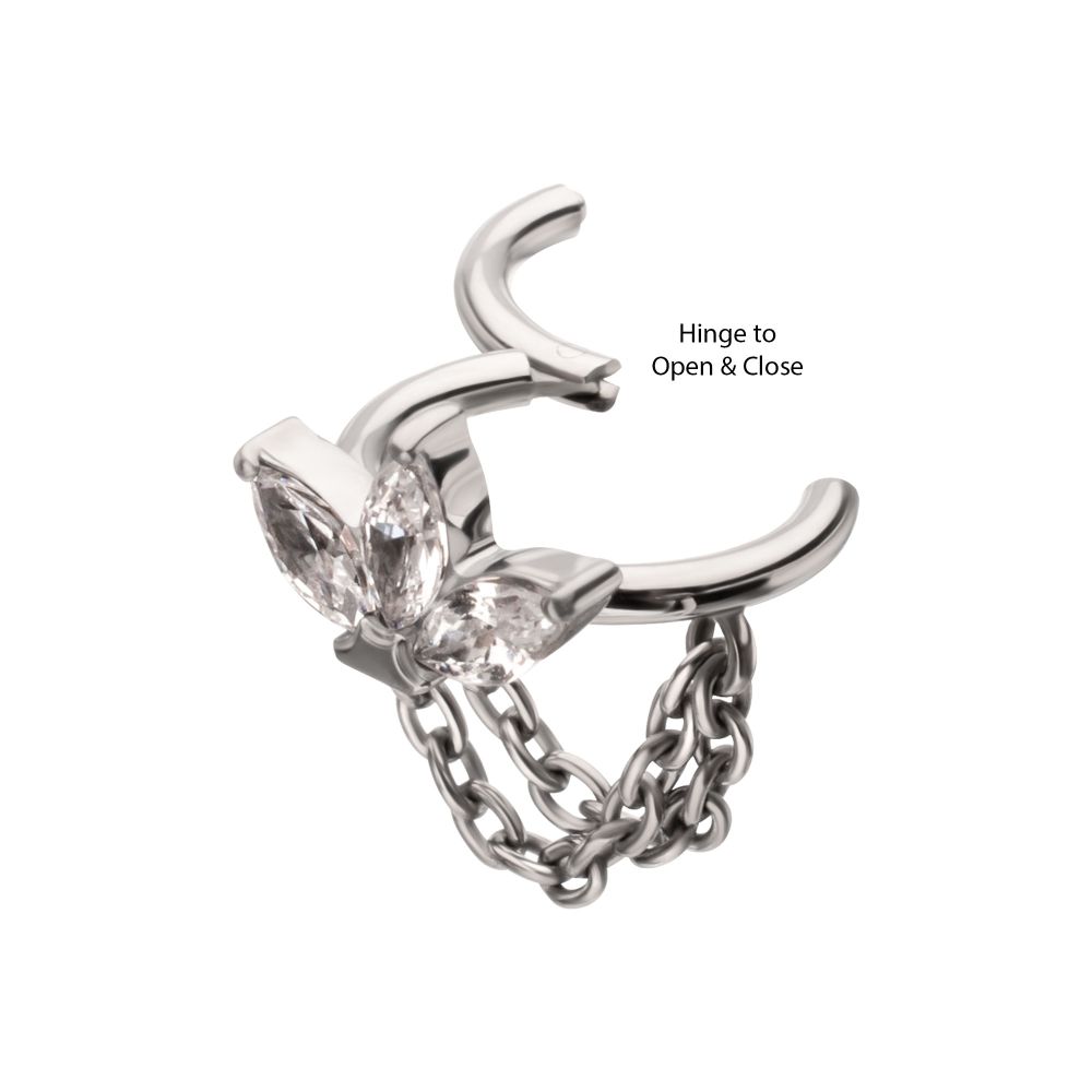 Titanium Triple Marquise Gem Cluster Hoop with 2-Tier Chain Dangle Hinged Segment Clicker