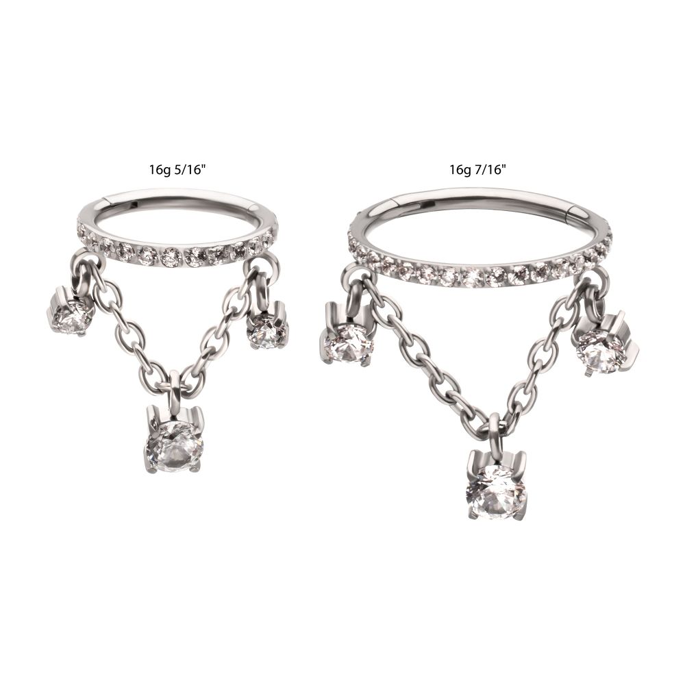 Titanium Pave Gem Hoop with Three Prong Set Gem Chain Dangle Hinged Segment Clicker
