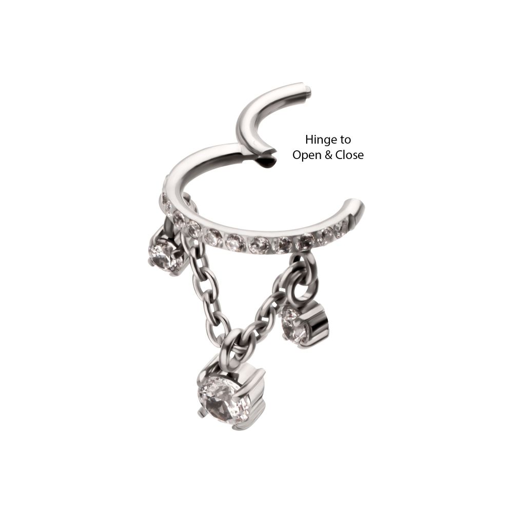Titanium Pave Gem Hoop with Three Prong Set Gem Chain Dangle Hinged Segment Clicker