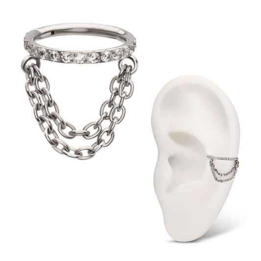 Titanium Pave Gem Hoop with 2-Tier Chain Dangle Hinged Segment Clicker
