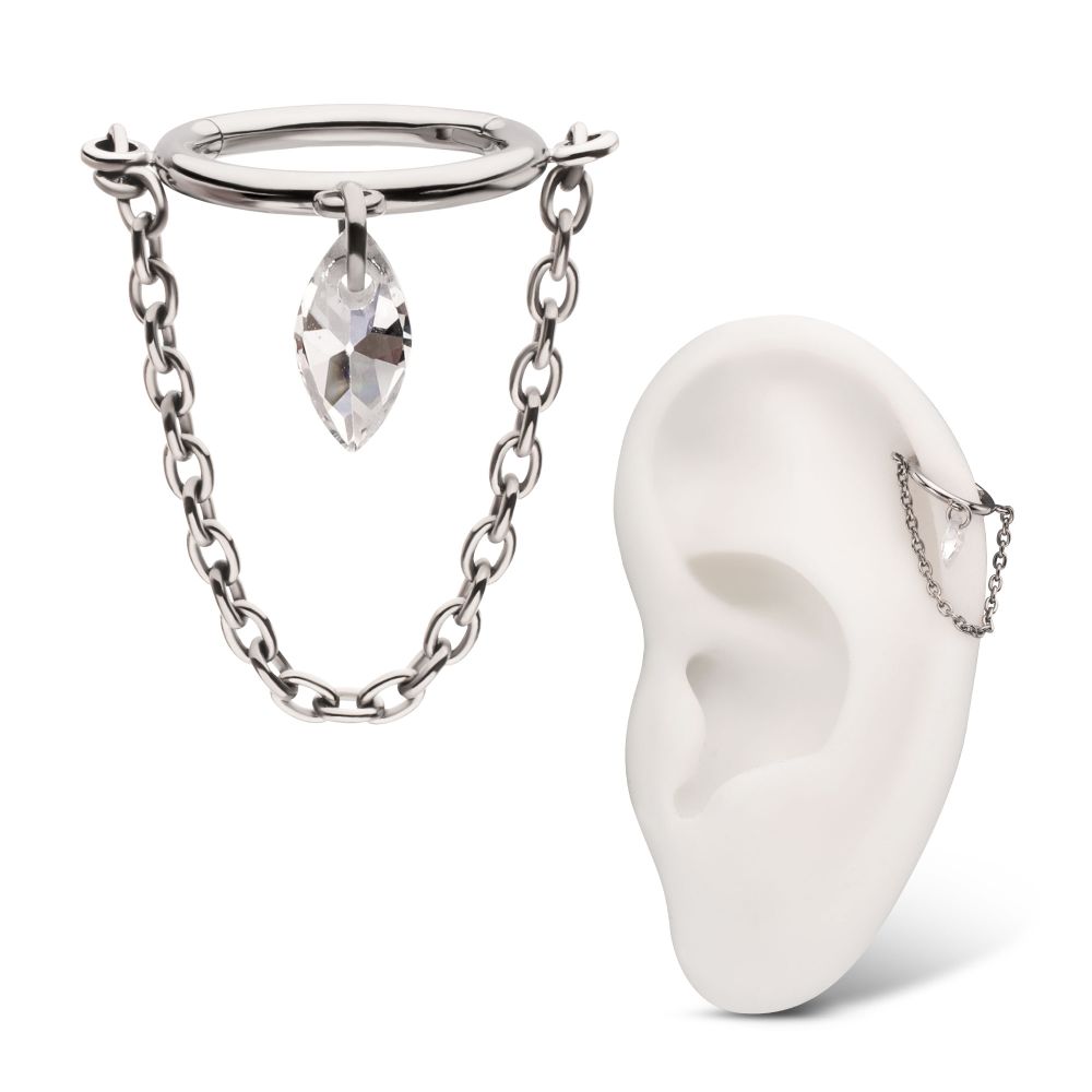 Titanium Chain Dangle Hinged Segment Clicker with Floating Marquise CZ Gem