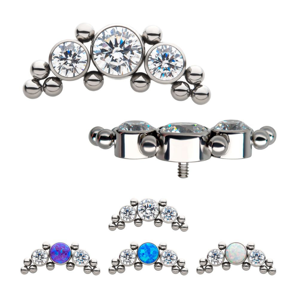 Titanium Internally Threaded 10-Bead Bezel Round Opal/CZ 3-Curved Cluster Top
