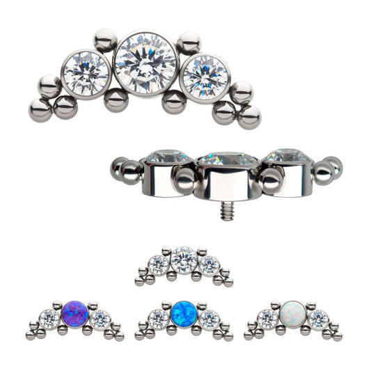 Titanium Internally Threaded 10-Bead Bezel Round Opal/CZ 3-Curved Cluster Top