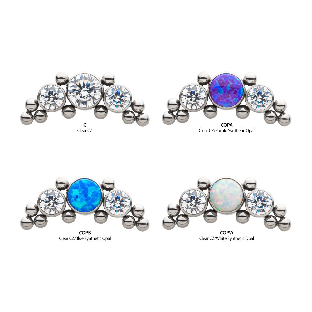 Titanium Internally Threaded 10-Bead Bezel Round Opal/CZ 3-Curved Cluster Top