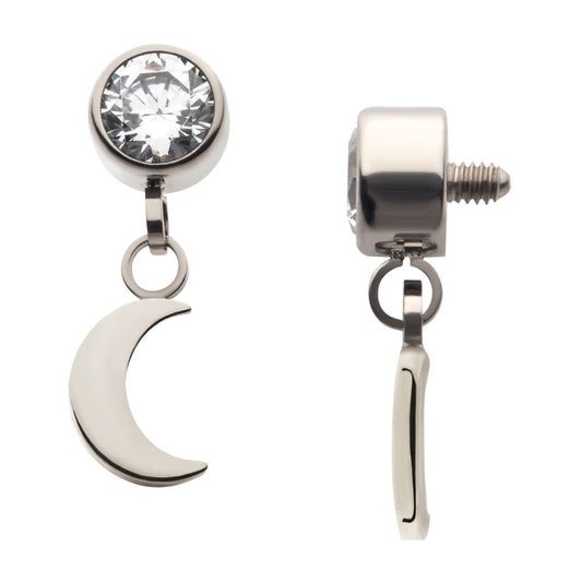 Titanium Internally Threaded Bezel Set CZ with Dangling Crescent Moon Top