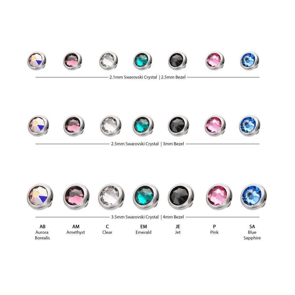 16g Titanium Internally Threaded Low Profile Bezel Set Swarovski Crystal Dermal Top